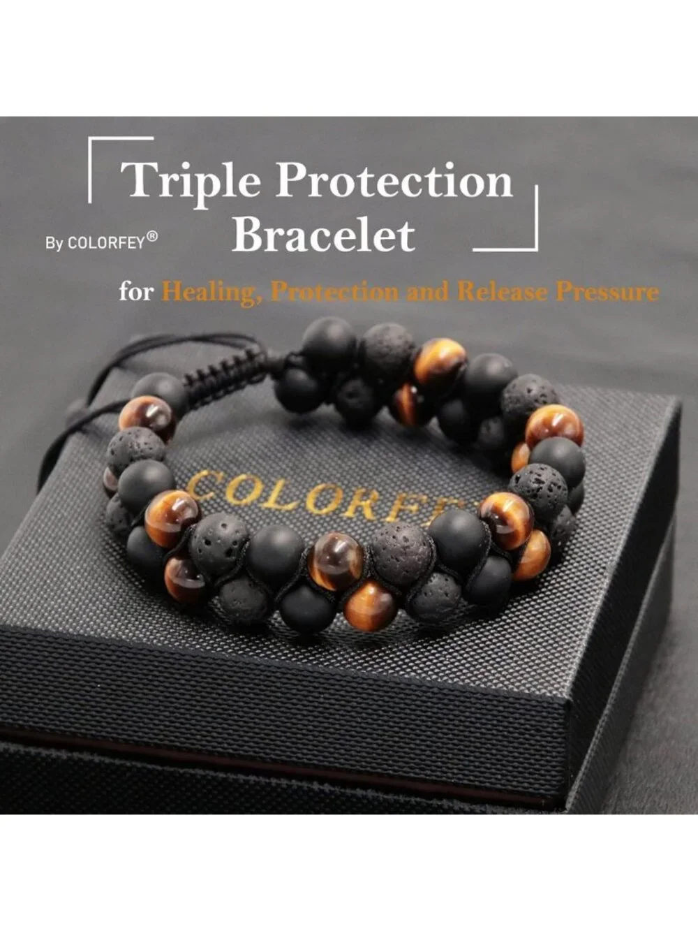 Handmade Triple Protection Bracelet - Tiger Eye, Black Onyx & Lava Rock, 8mm